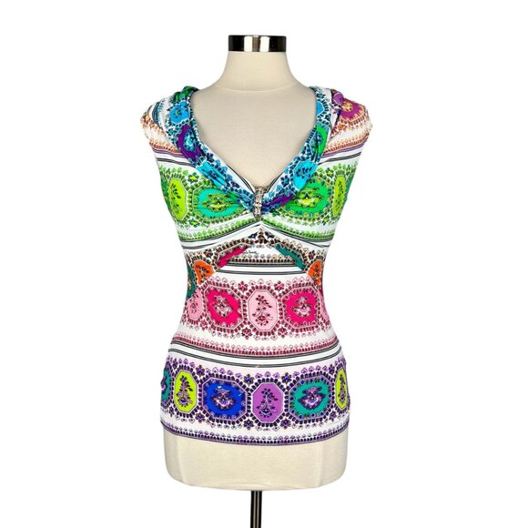 Roberto Cavalli Womens Multicolor Printed V Neck Top Sleeveless size IT 42 US 6 - Picture 1 of 12